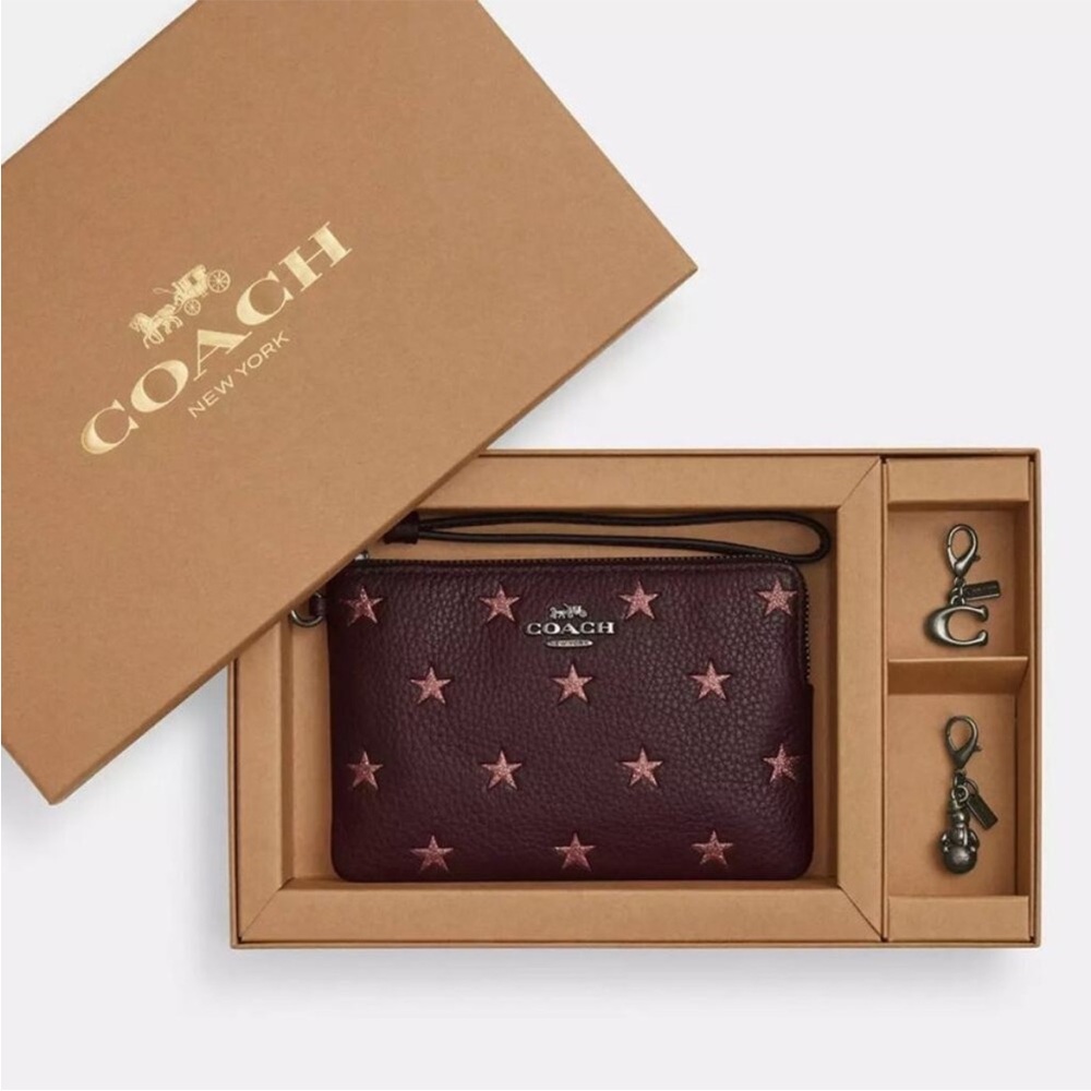 Coach Burgundy Wristlet with Light Pink Stars - Picture 2 of 8